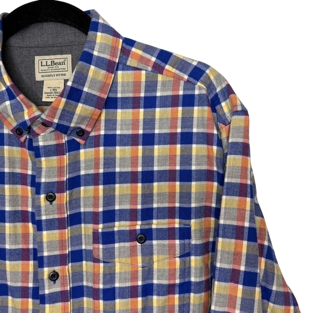 LL BEAN Mens Slightly Fitted Plaid Flannel Button Down Blue Red Yellow Large
